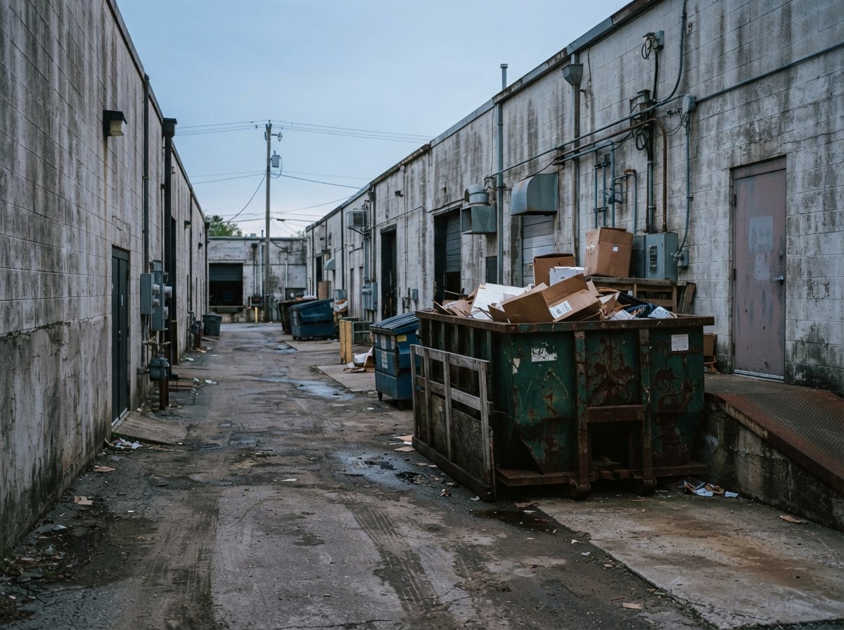 West Macon commercial waste service: Rear service areas here are tight, and shared.