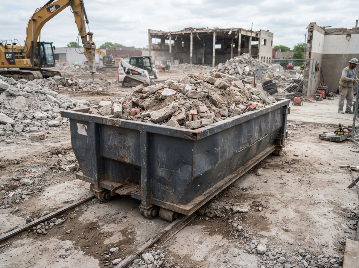 A 20-yard container loaded with dense rubble on a concrete demolition site