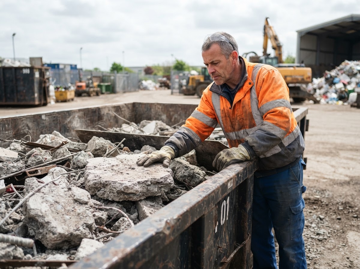 A waste compaction operator examining a dense concrete load inside a roll-off container