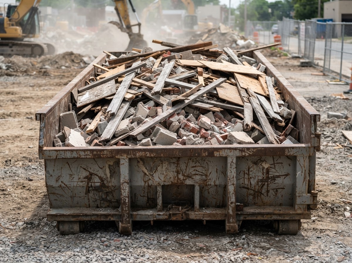Heavy mixed construction and demolition debris loaded level inside a roll-off container in East Macon