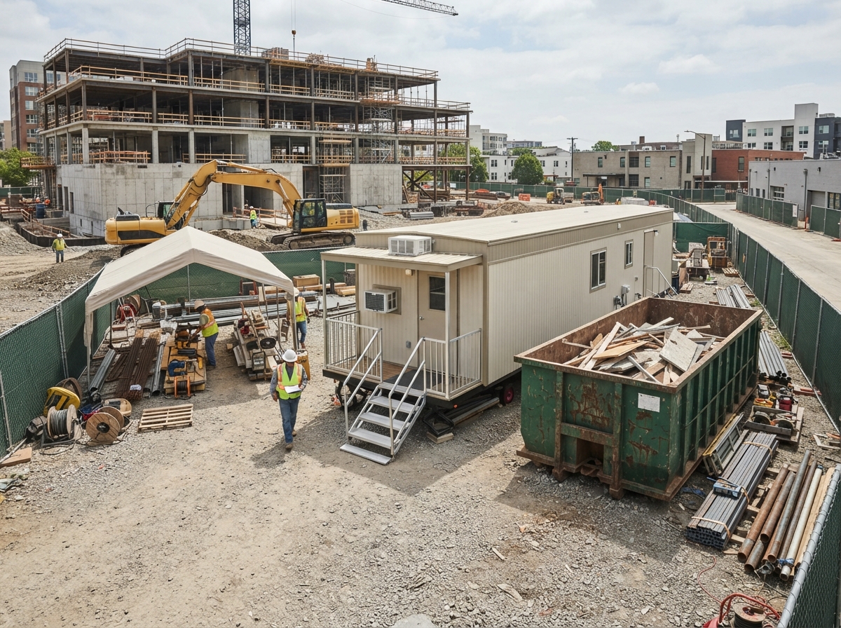 General contractor trailer and staging area at a commercial construction site