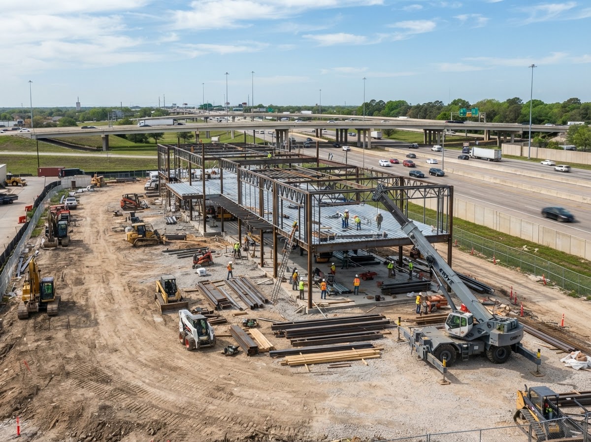 A commercial pad site under construction near a highway interchange