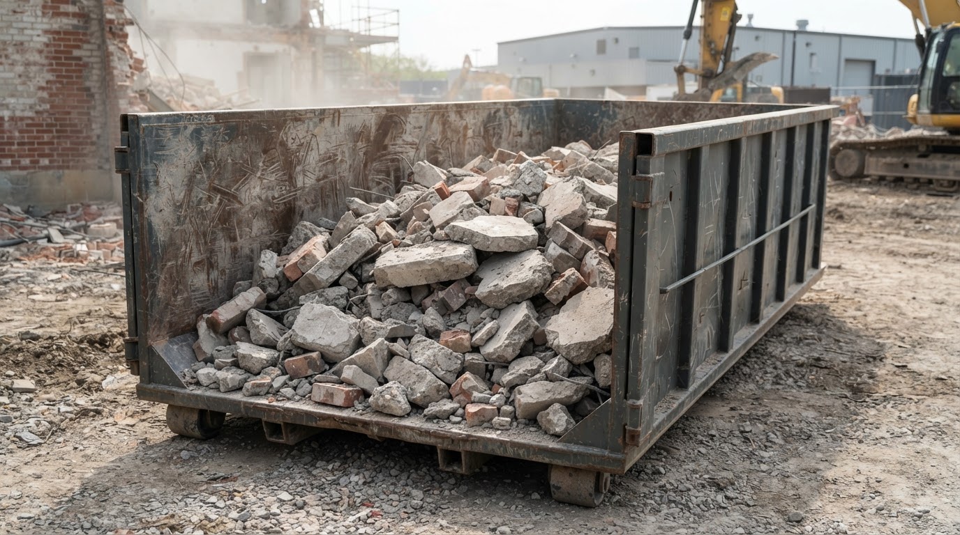 A dense heavy load of concrete rubble and masonry sitting low in a roll-off container