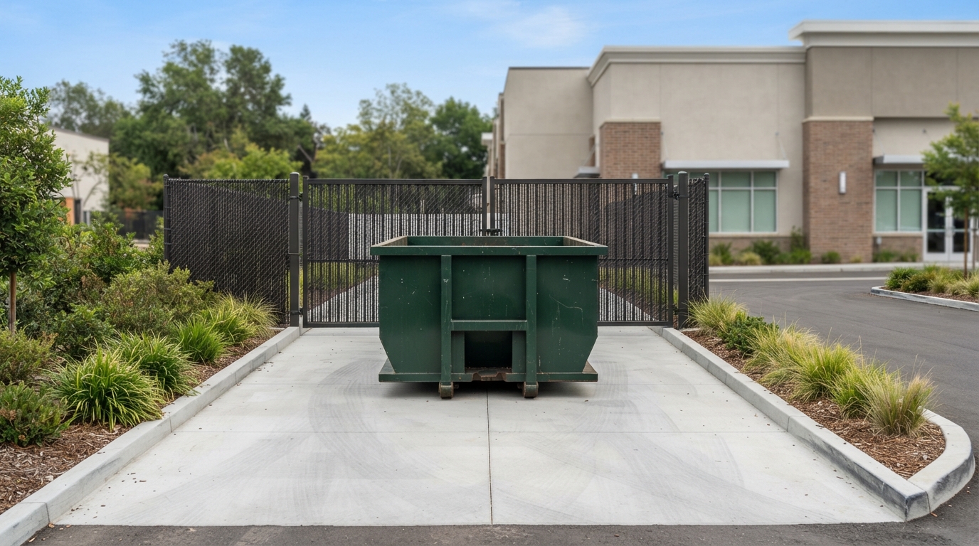 A clean, presentable roll-off container pad at a managed commercial property