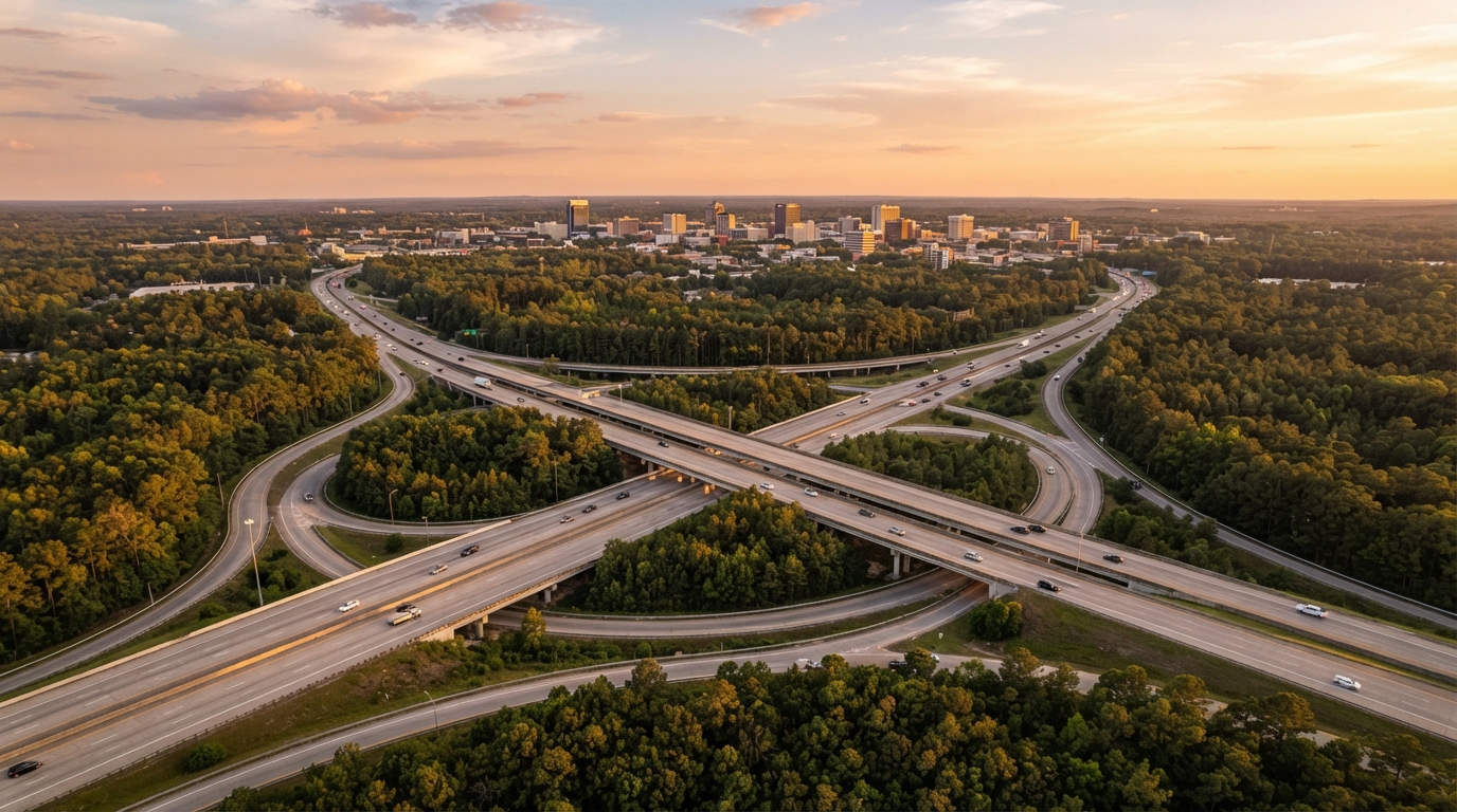 Aerial view of a Middle Georgia highway interchange with pine forest on both sides and the Macon skyline low on the horizon