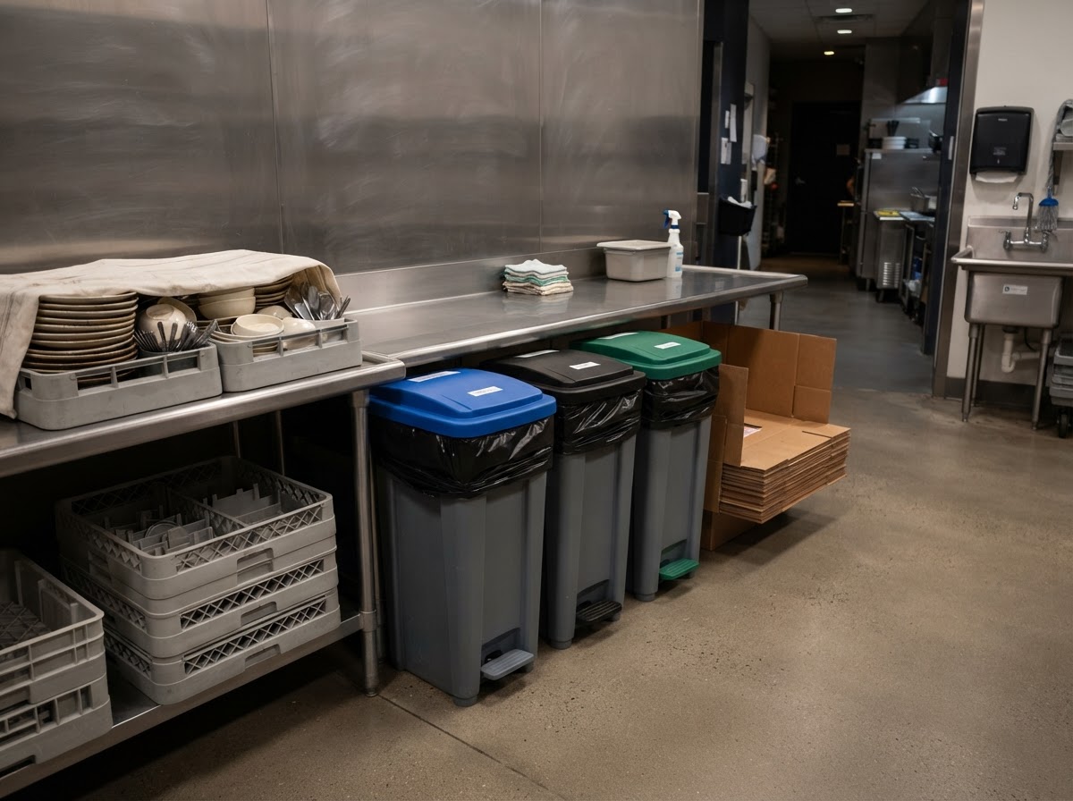 A restaurant service area with waste neatly staged at close of business
