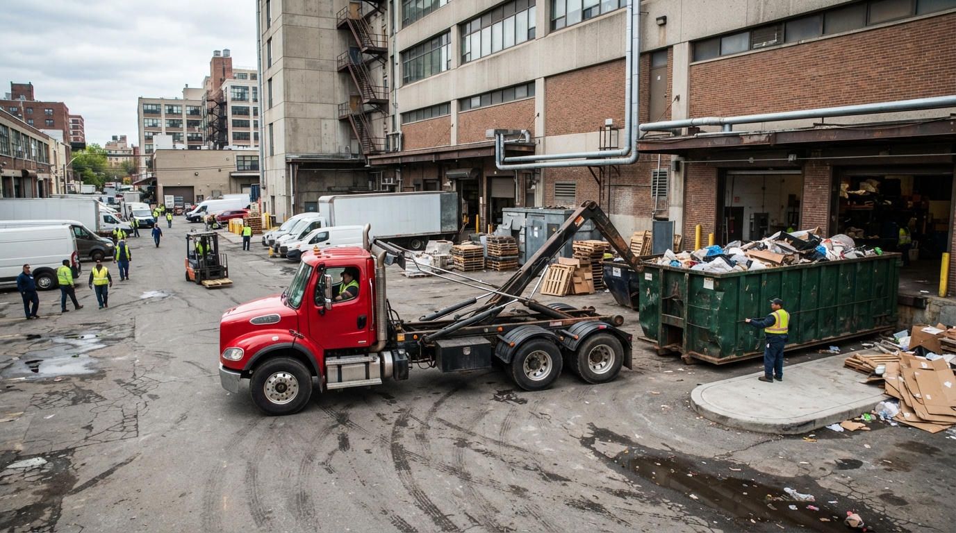 A hook truck arriving for an unscheduled extra pull of a roll-off container at a busy commercial site