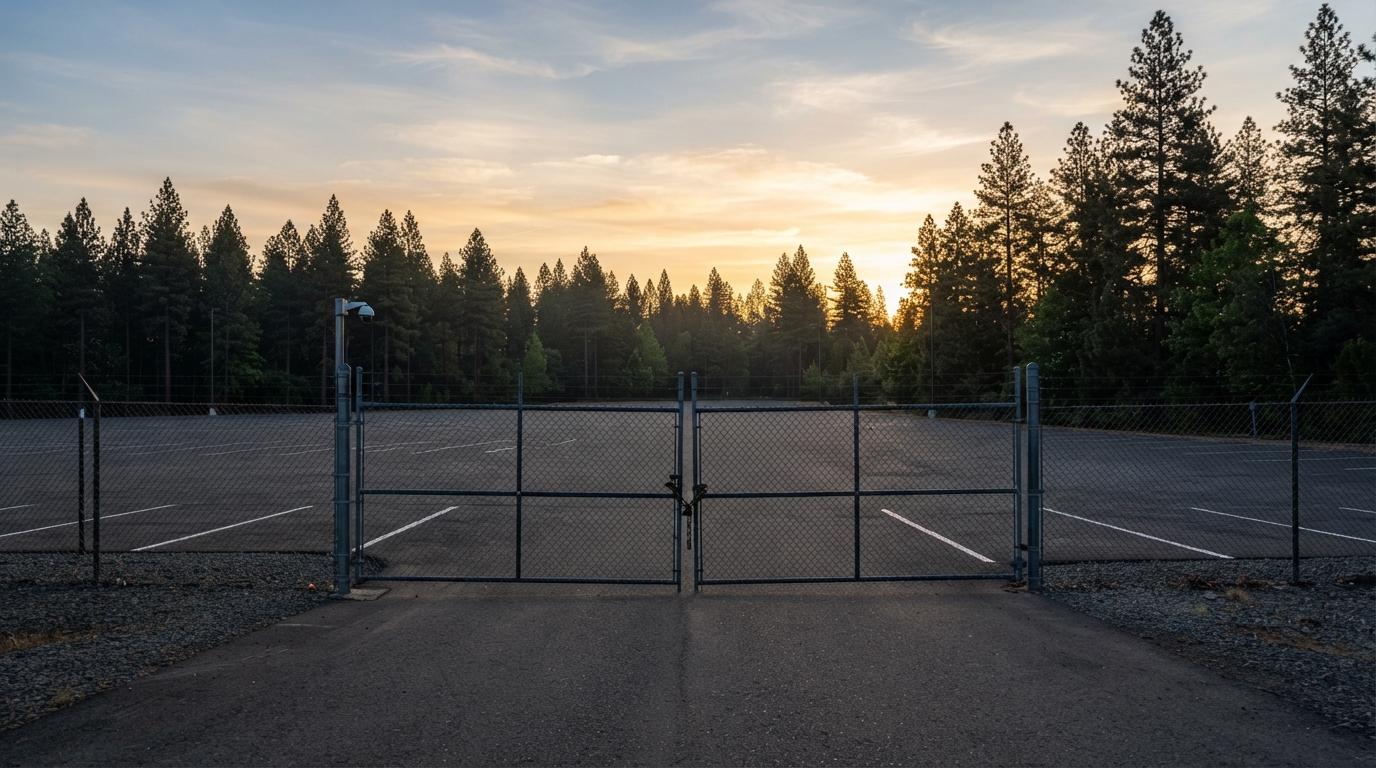 A fleet yard gate at first light with a pine tree line behind it