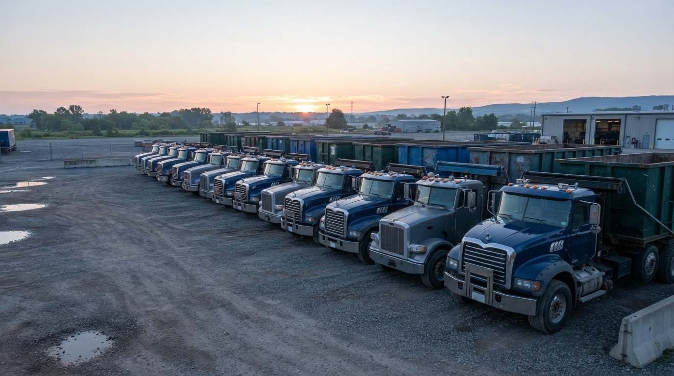 Line of roll-off trucks parked in a fleet yard at first light, shot down the row