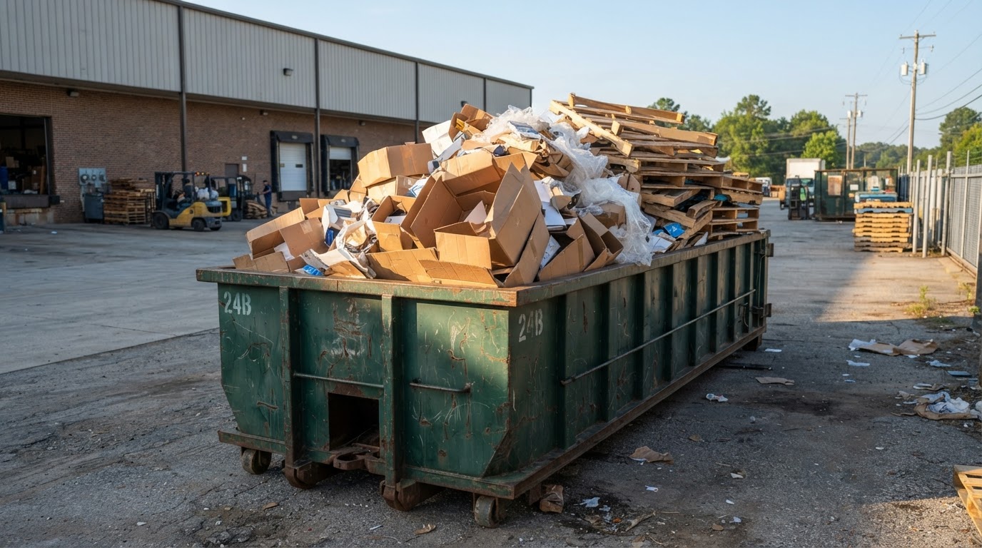An open-top roll-off container that looks full but is visibly loose and airy waste