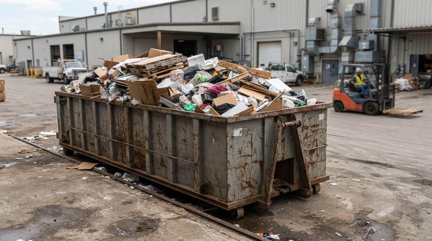 A roll-off container filling faster than the schedule expects, mid-week at a commercial site