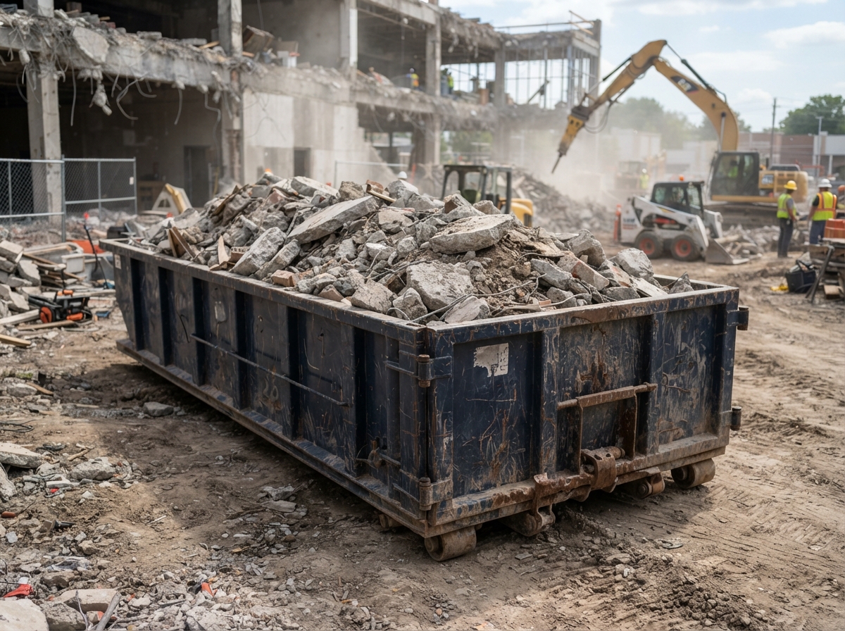 A 20-yard roll-off container sitting low with dense rubble and broken concrete