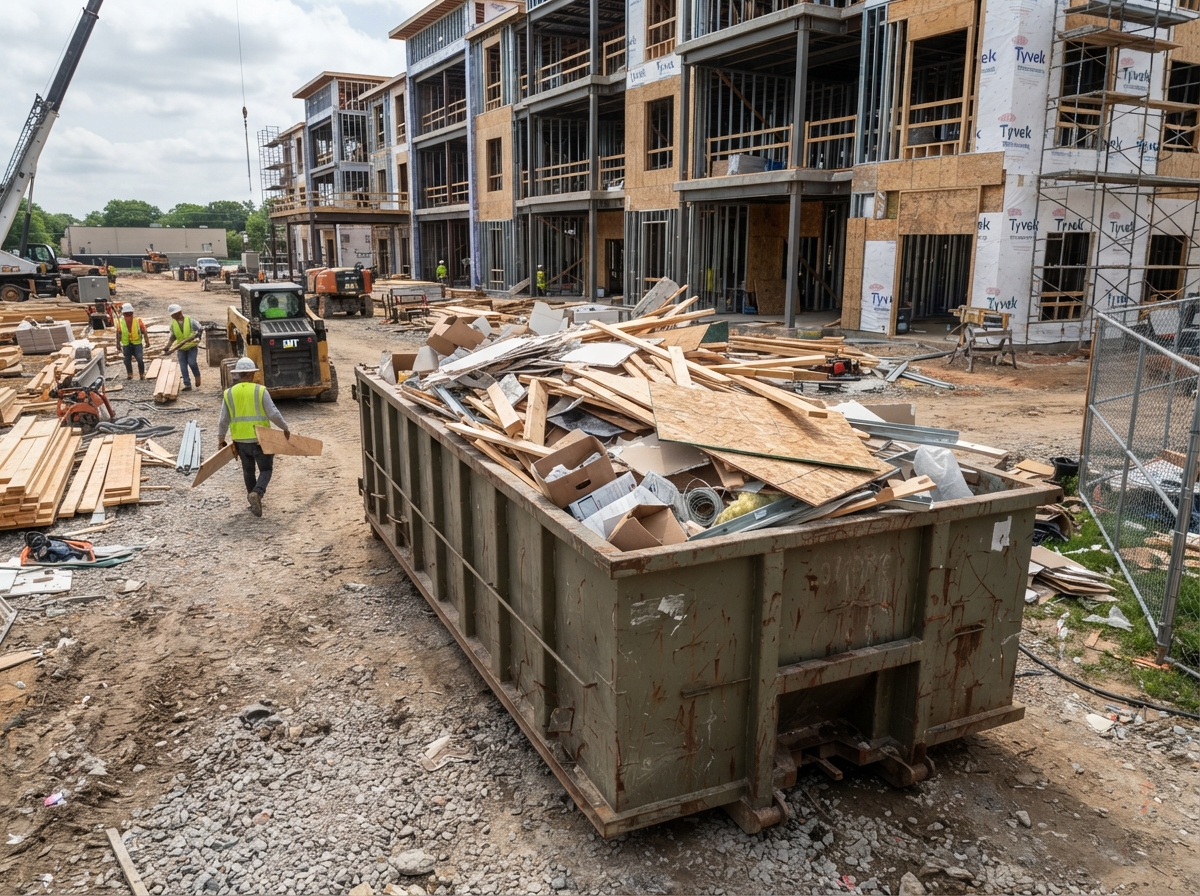 A 30-yard roll-off container mid-project with mixed framing debris