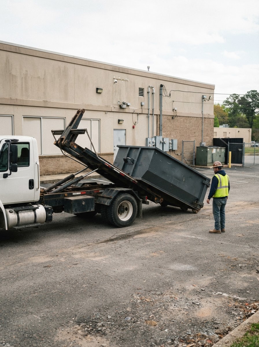 A contractor truck at the second jobsite of the day with a roll-off container being delivered