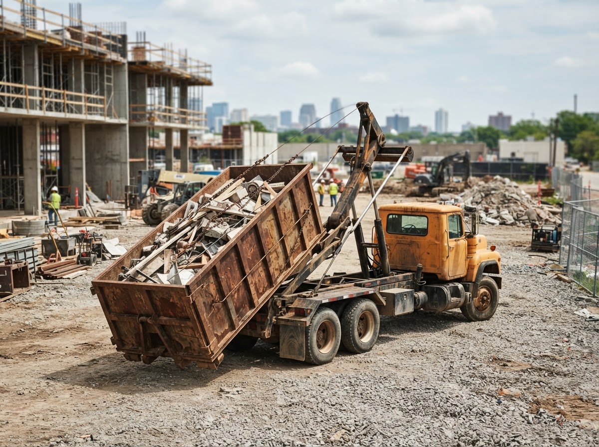 A swap truck lifting a loaded roll-off container at a commercial jobsite