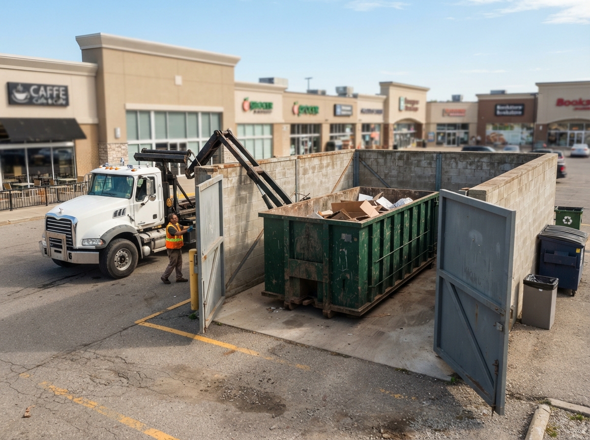 A shared plaza waste enclosure with a roll-off container inside and gates open for service