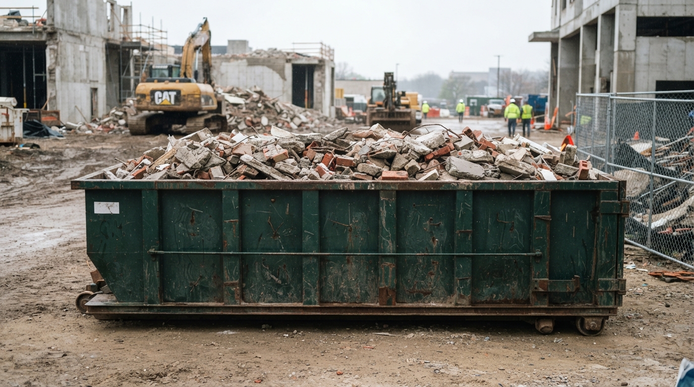A roll-off container filled with heavy mixed demolition debris loaded dense and level to the top rail