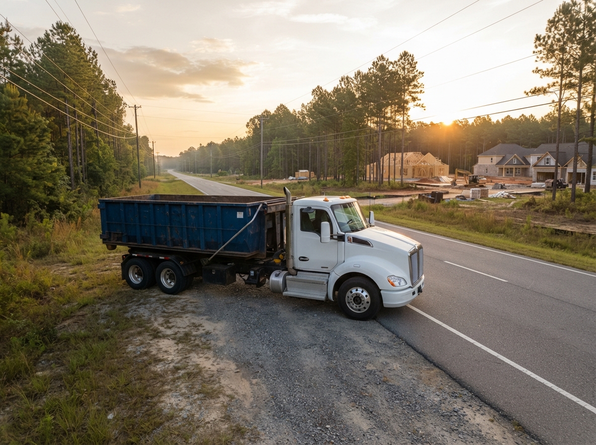 A two-lane county road at sunrise with a service truck heading to the first stop in South Bibb County