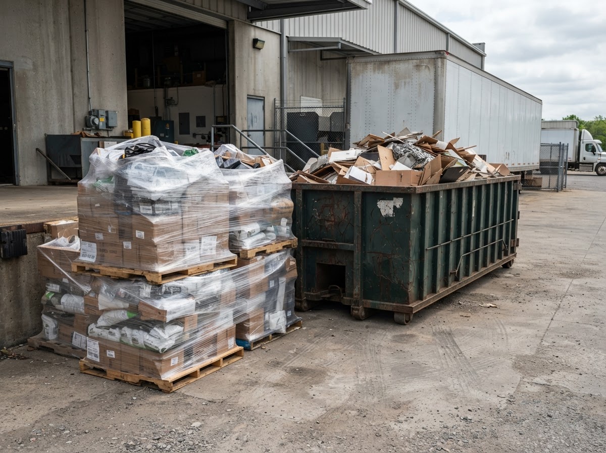 Shrink-wrapped pallets stacked beside an already-full roll-off container