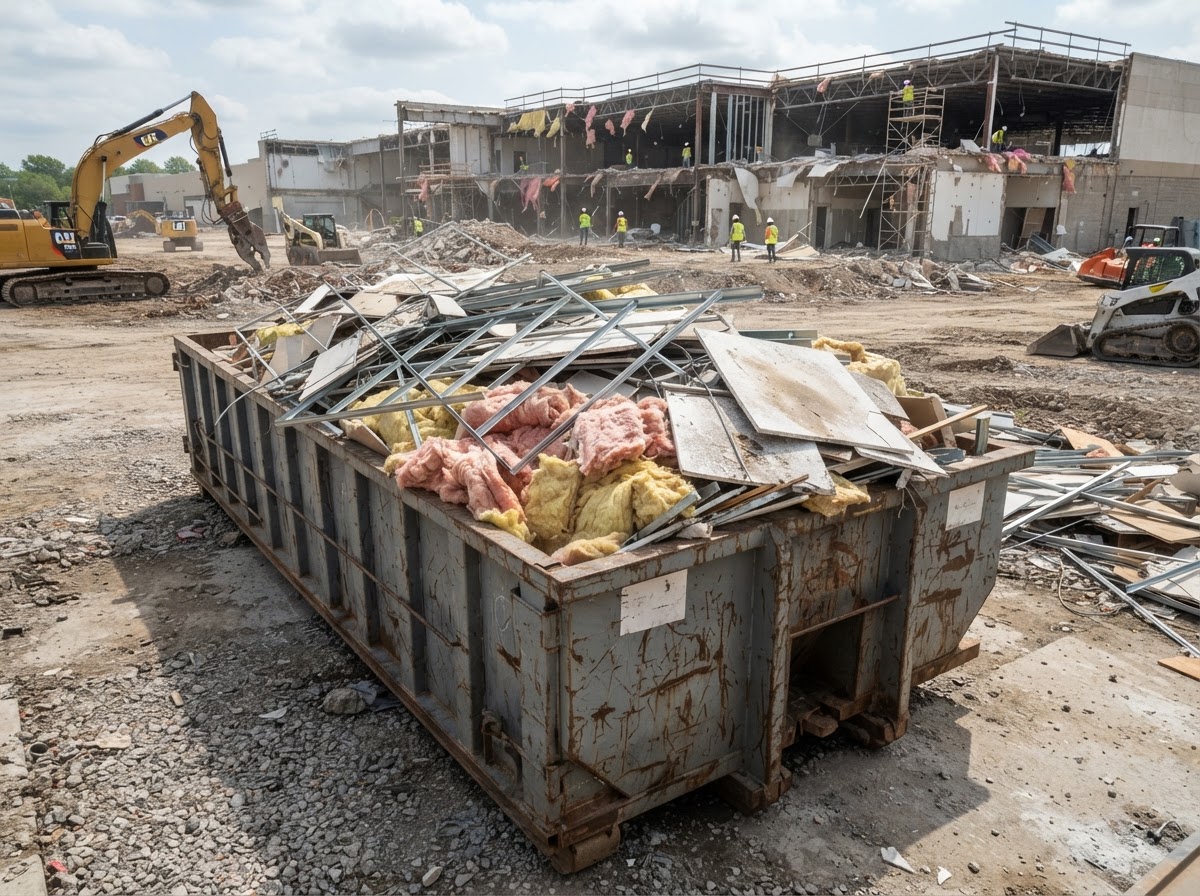 A 40-yard roll-off container with bulky light teardown material