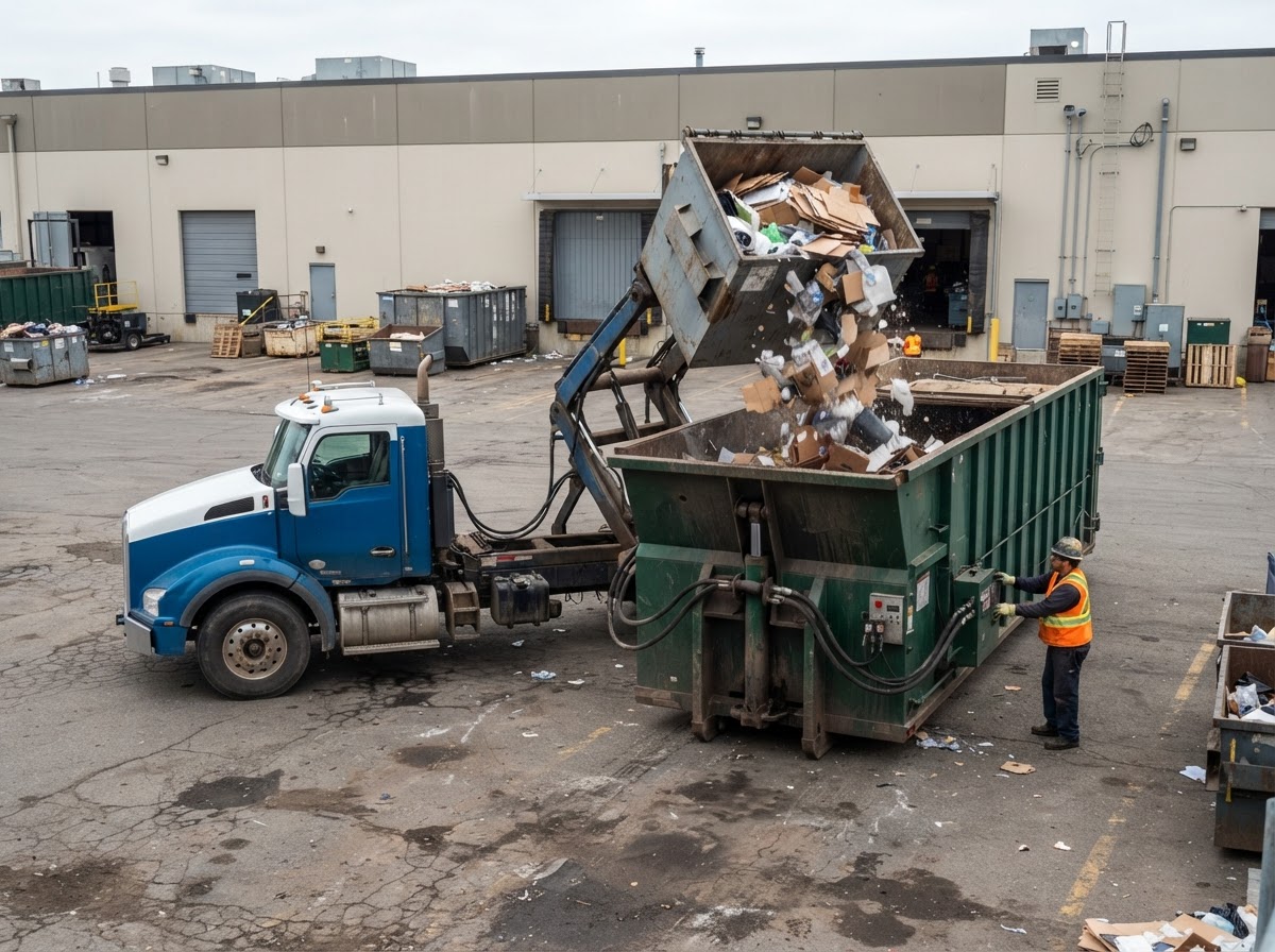 A mobile compaction unit working a roll-off container on-site at a commercial property