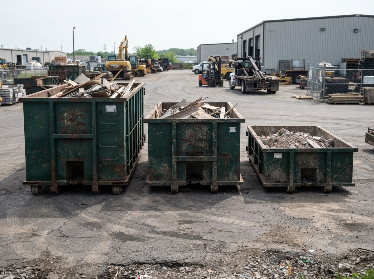 A roll-off dumpster rental truck at a commercial site