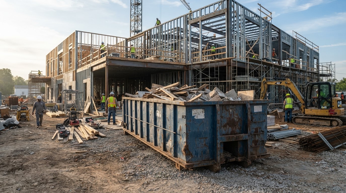 Roll-off container on an active commercial construction site with framing in the background