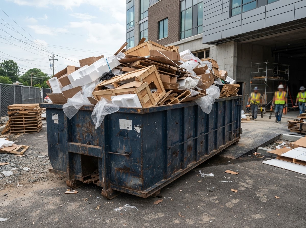 A 40-yard roll-off container at close-out heaped with bulky packaging