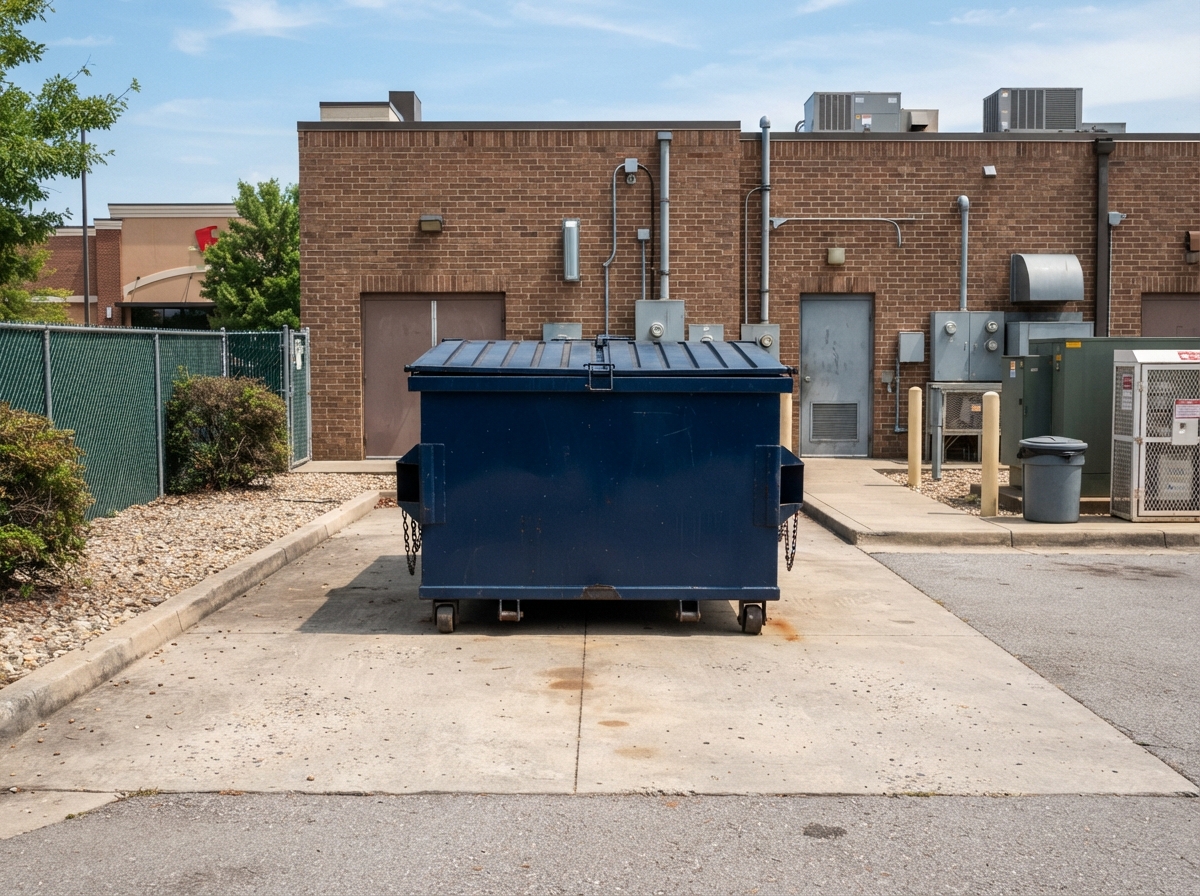 Roll-off container placed at the service side of a shopping plaza in North Macon