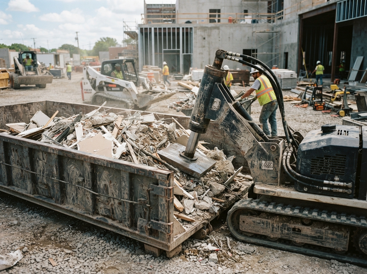 Mobile compaction unit working a mixed construction load in a roll-off container on a South Bibb job site