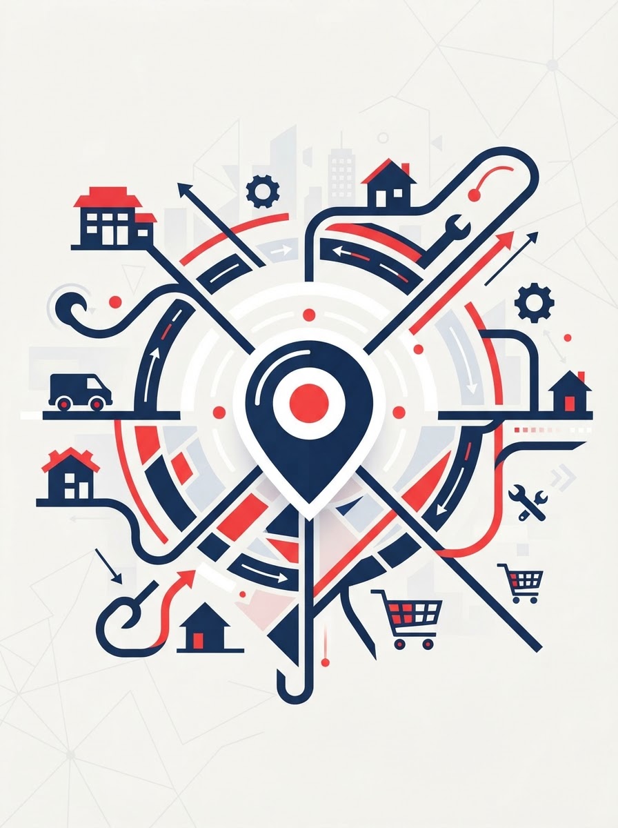 Abstract on-brand graphic representing local service with a map pin