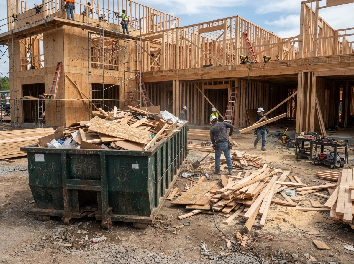 Commercial framing jobsite with wood scrap and construction debris staged near a container
