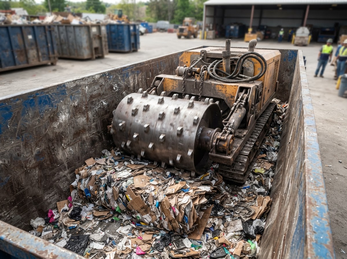 Mobile compaction drum working inside a roll-off dumpster container