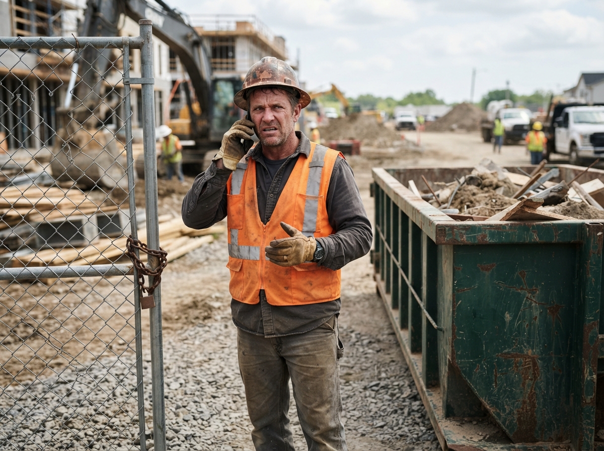 Contractor making a phone call from a jobsite gate beside a roll-off container