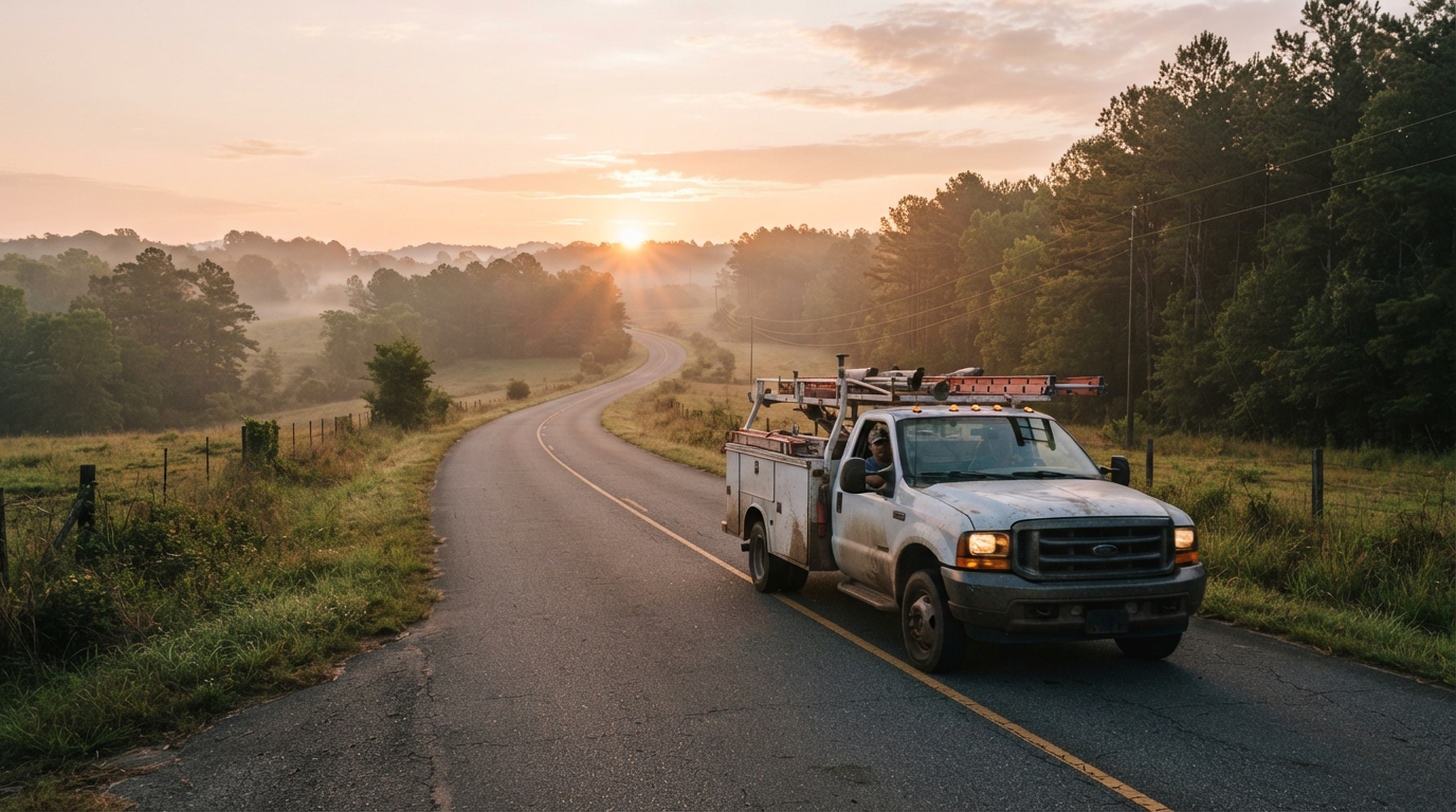 Two-lane county road at sunrise with a service truck heading to the first stop in South Bibb County