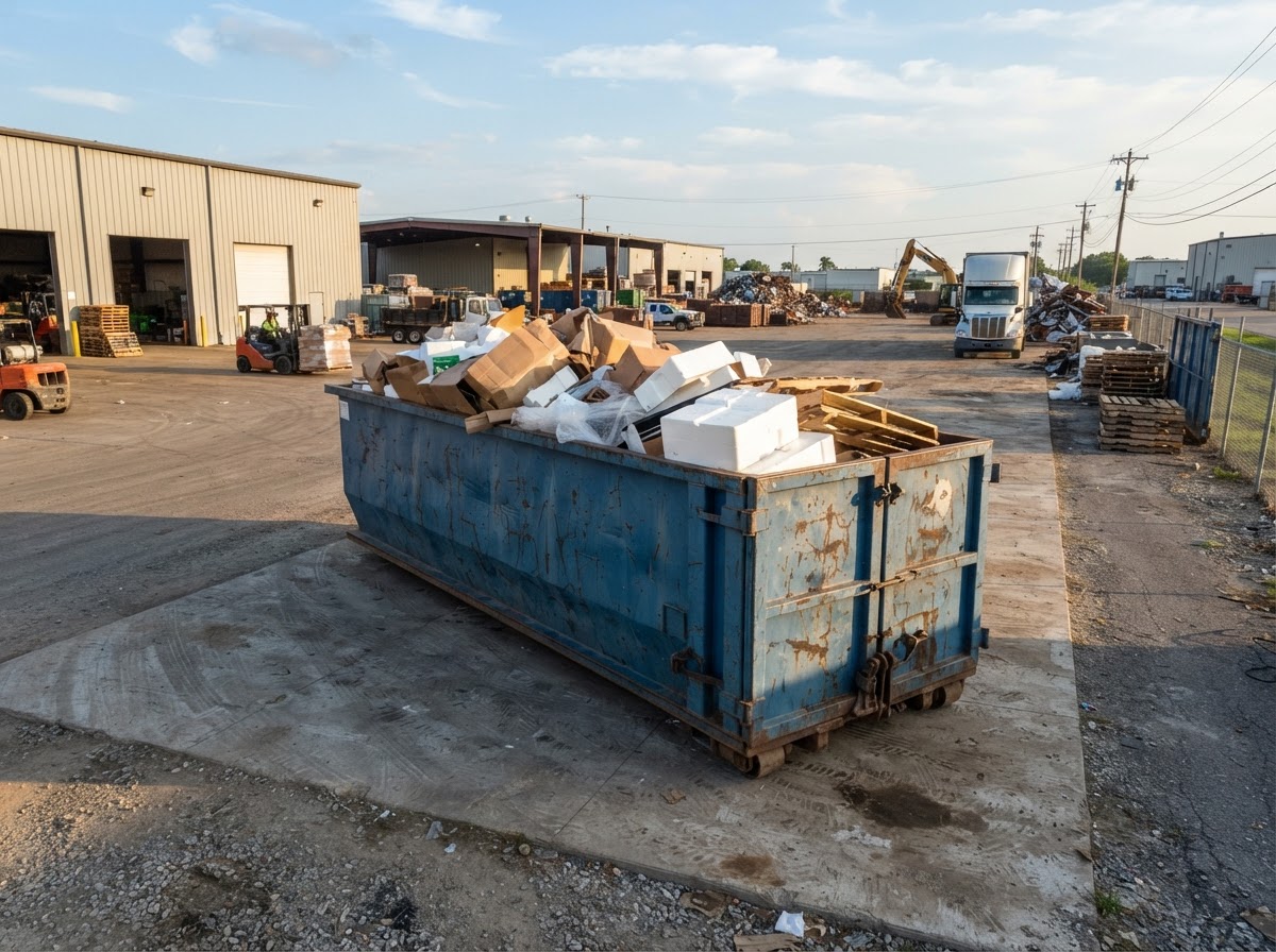40-yard roll-off container on a wide commercial pad with bulky packaging in West Macon