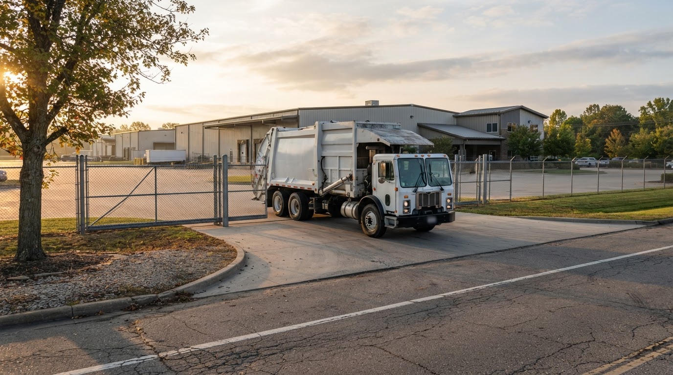 A compaction service truck arriving at a commercial site gate in the morning light