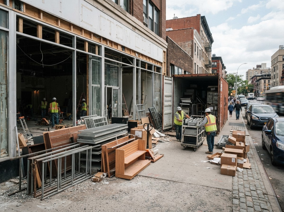 A storefront being re-tenanted with old fixtures and shelving stacked outside for a container