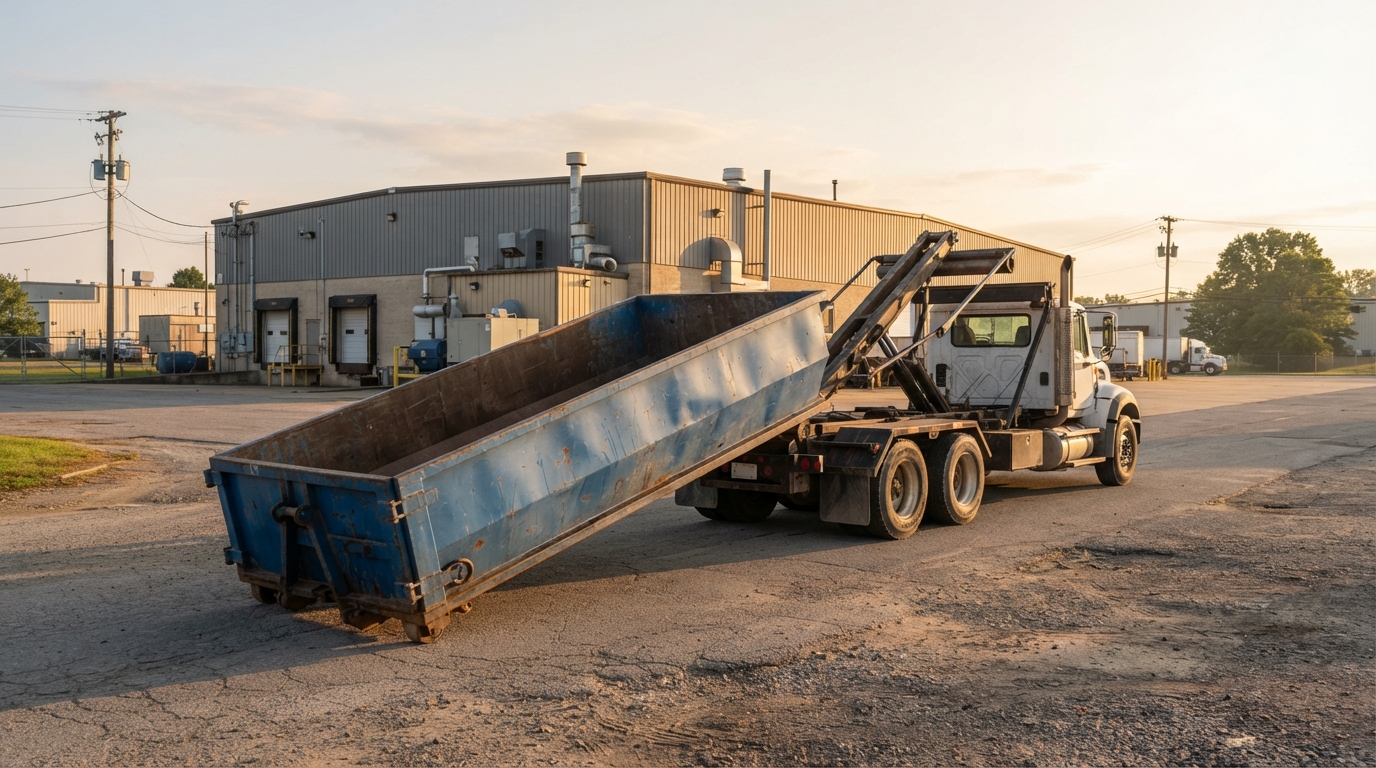 Roll-off delivery truck placing a container at a commercial site in Macon, GA