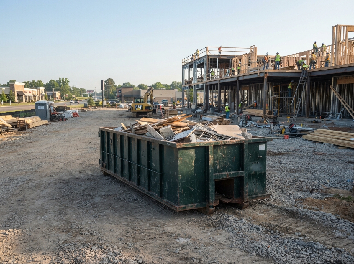Roll-off container set on a wide gravel drive at a South Bibb County growth-corridor jobsite