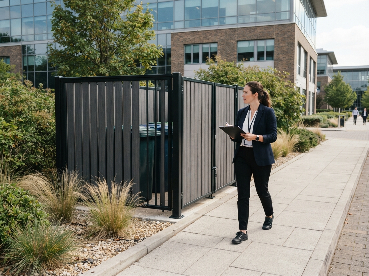 A property manager walking through a commercial property past a neatly placed screened container enclosure