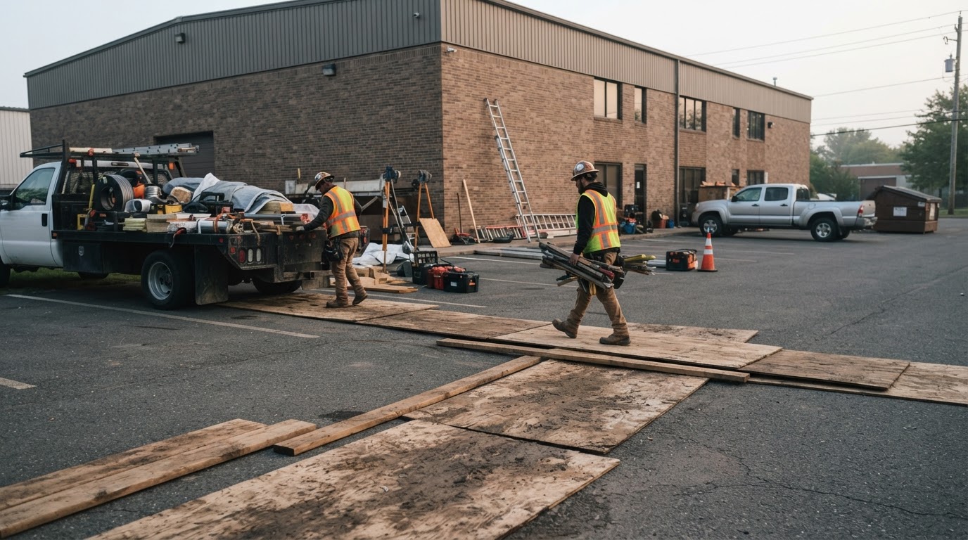 A roofing crew's morning setup with wooden protection boards laid across a parking area