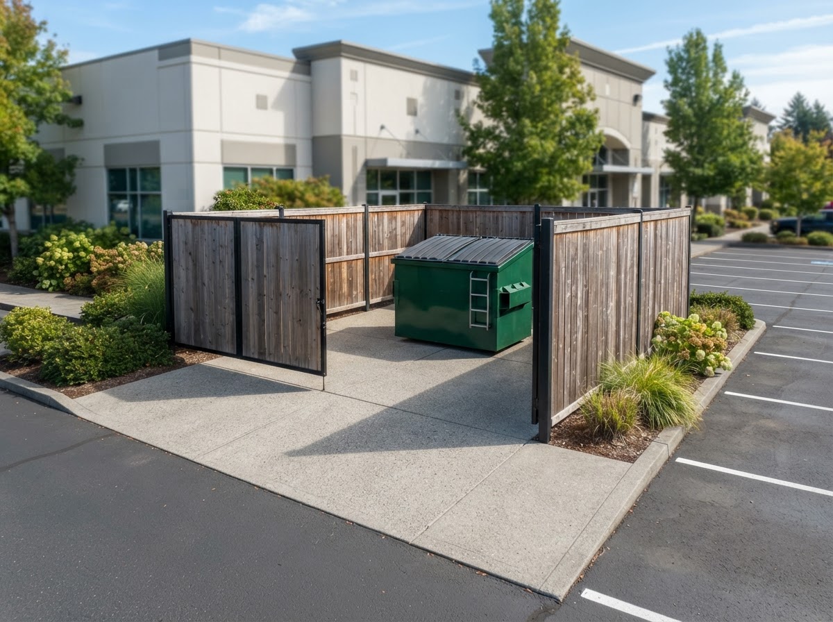 A swept, screened dumpster container pad at a commercial property that reads as presentable from the parking lot