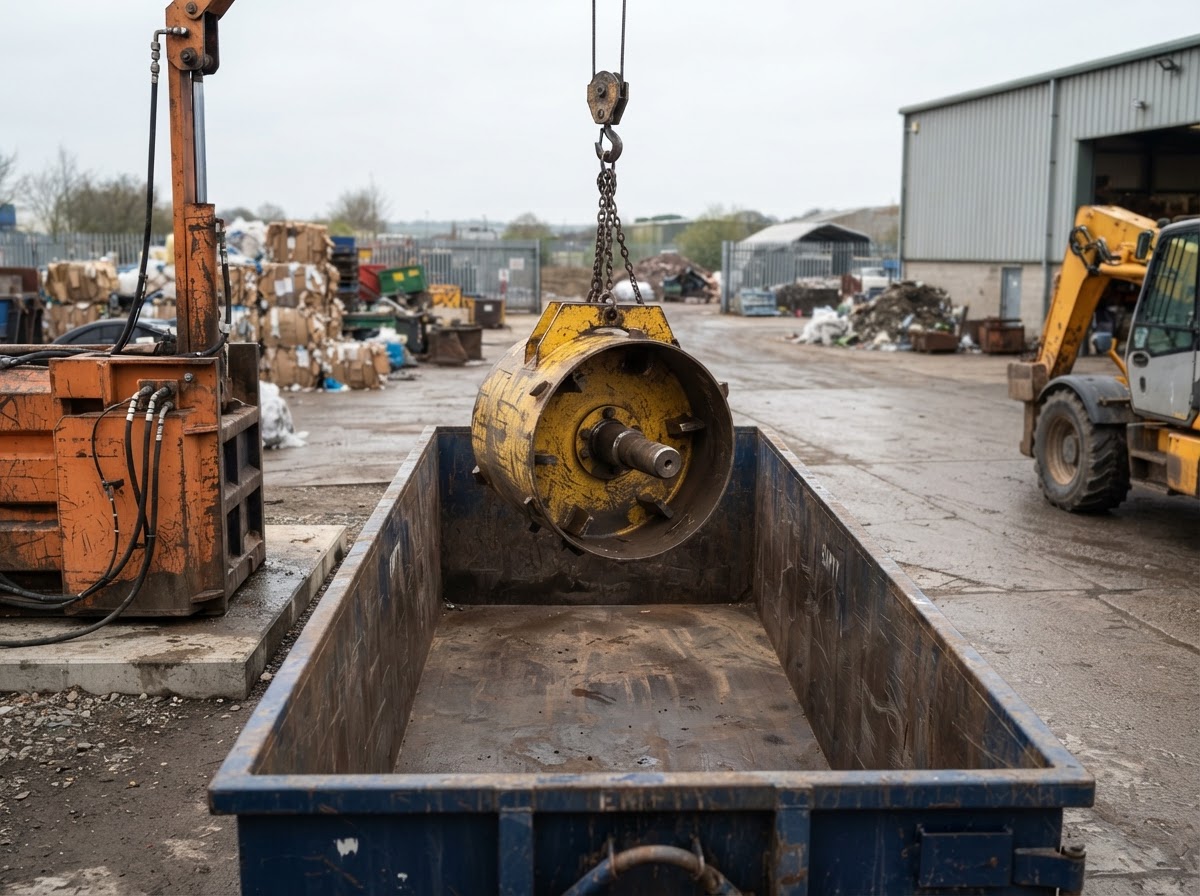 A compaction drum positioned above a roll-off container with clearance from the container walls