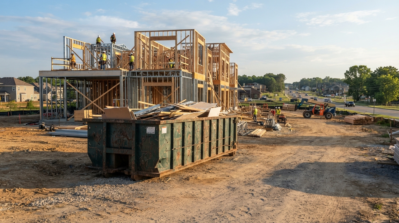Roll-off container on a new commercial construction site in a growing suburban corridor in South Bibb County