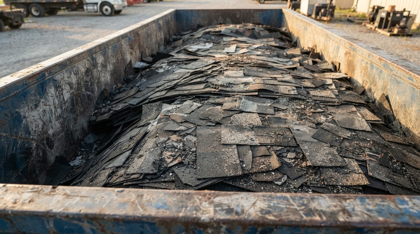Dense asphalt shingle debris packed tight and level in a roll-off container, shot from the rim