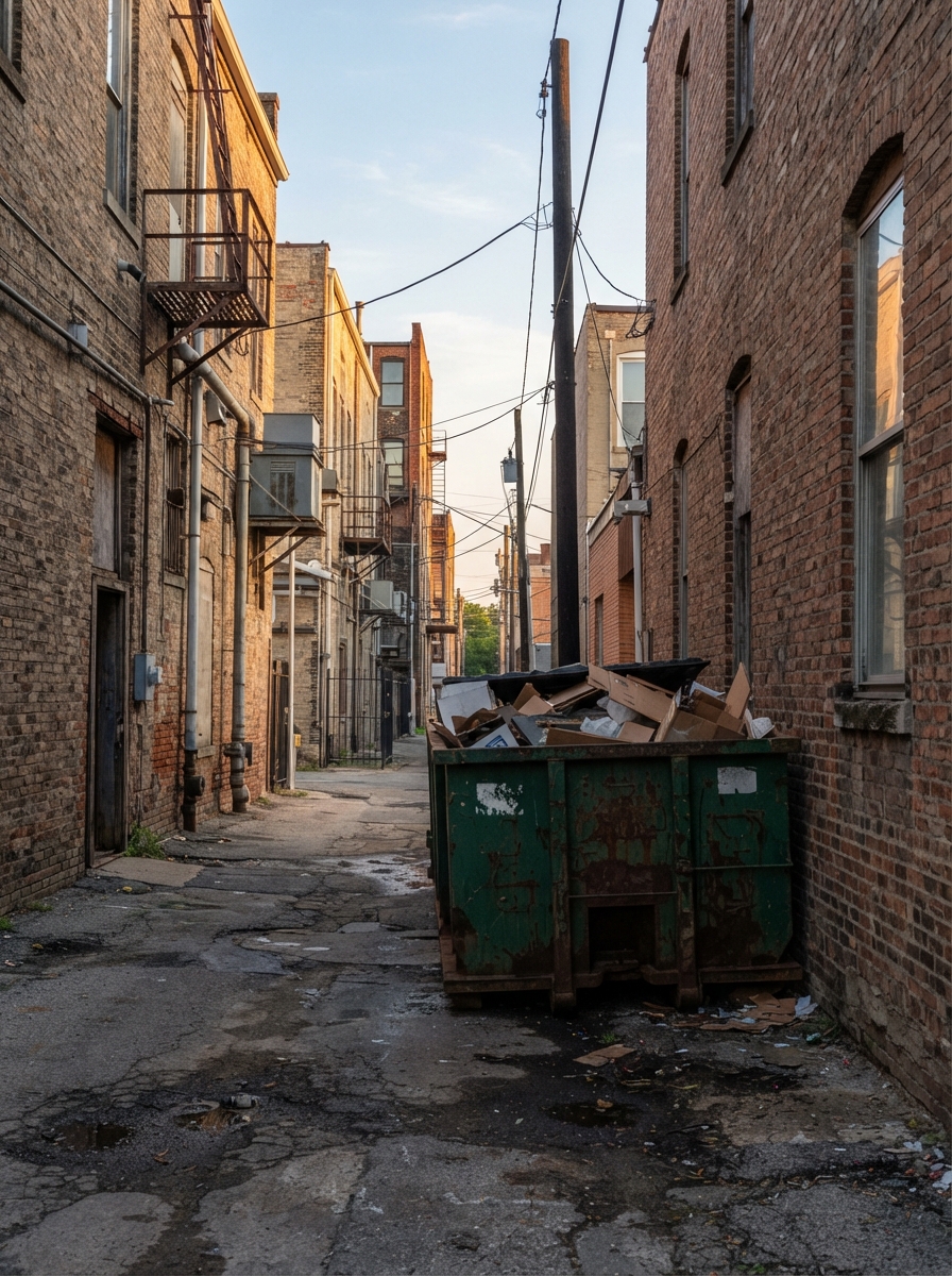 Narrow service lane behind older brick commercial buildings at dawn with a roll-off container tucked tight
