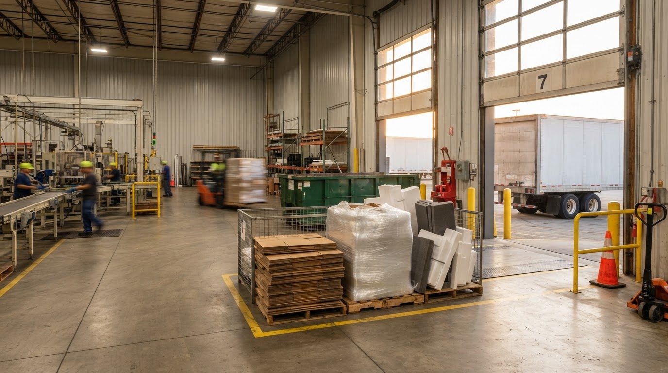 A production floor with packaging waste staged near a dock