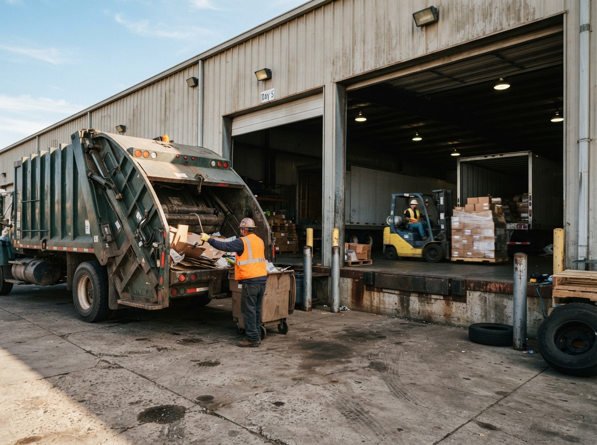 Mobile compaction truck working alongside a warehouse dock while a forklift continues loading pallets