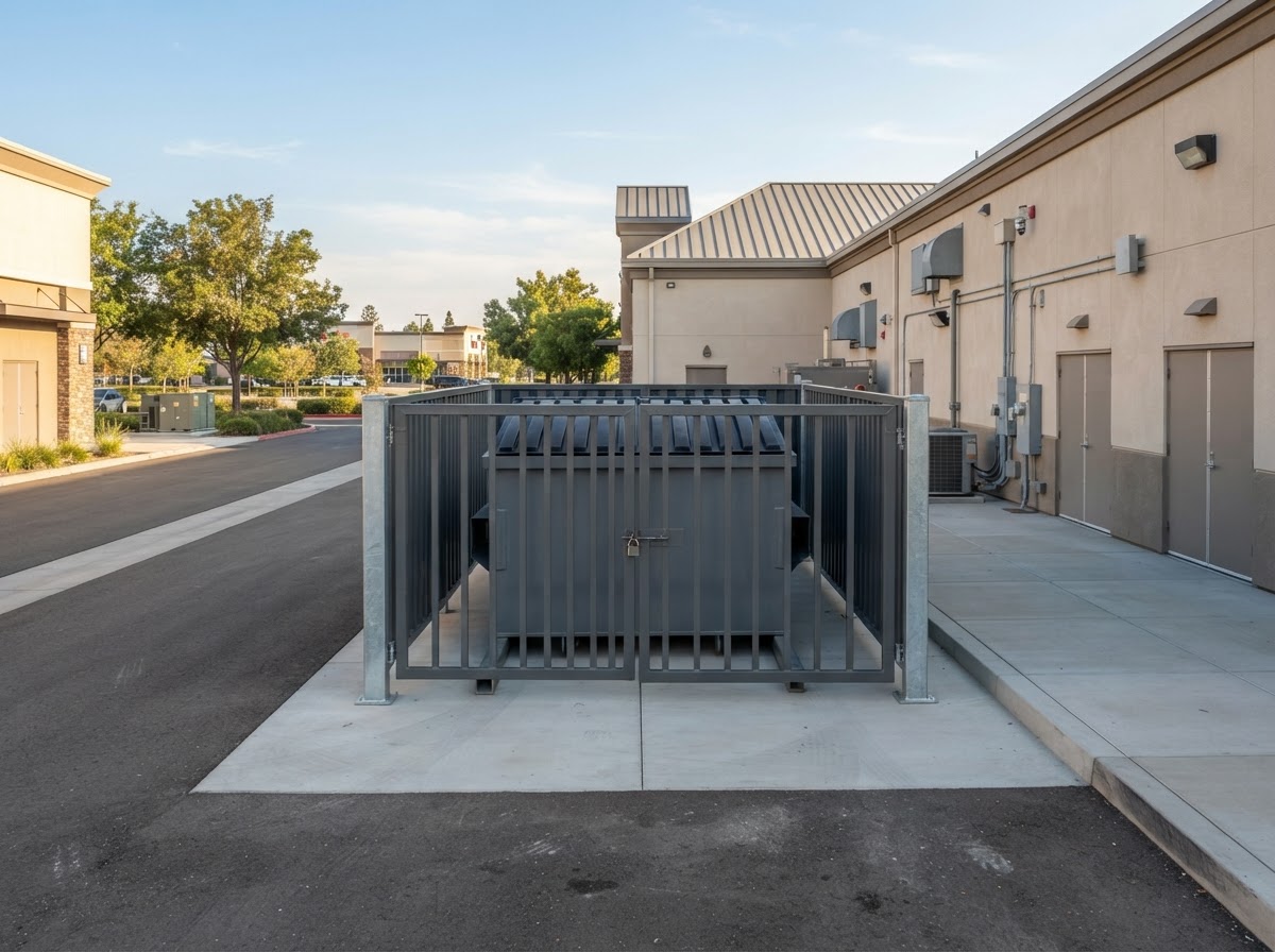 Clean container pad at a multi-tenant retail center in West Macon, presentable from the parking lot